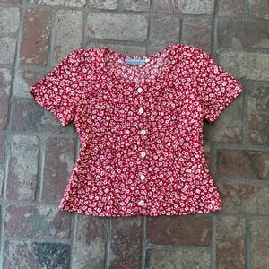Vintage Carol Anderson Short Sleeve Floral Button Up Blouse Red White
